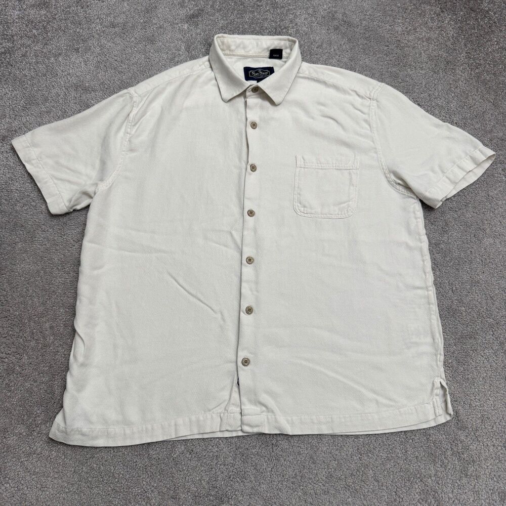 Nat Nast Off White Silk Cotton Herringbone Short Sleeve Camp Shirt Mens Large